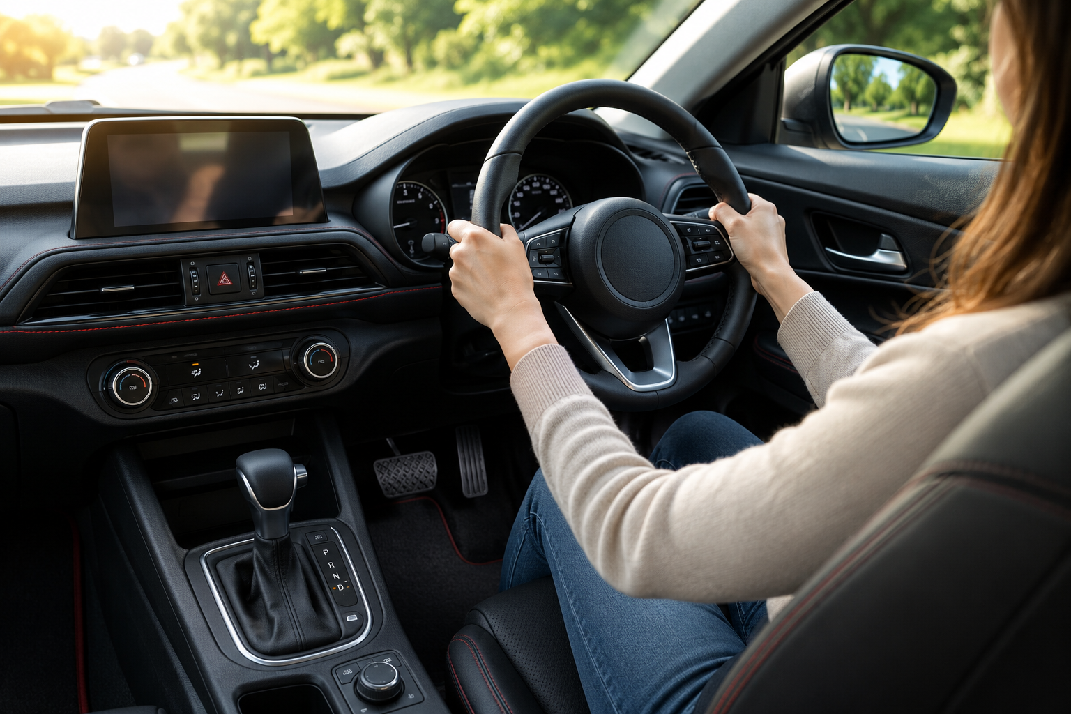 Learner driver smiling behind the wheel during an automatic driving lesson