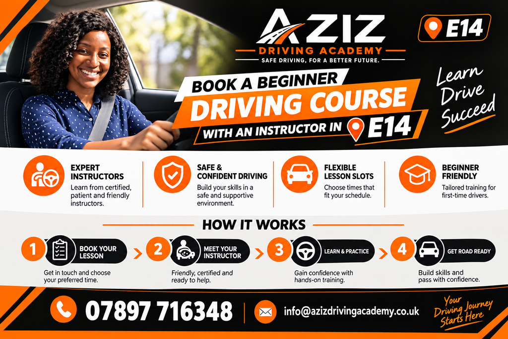 Driving lesson infographic by AZIZ Driving Academy showing the learner journey from booking a lesson to becoming road-ready in E14.