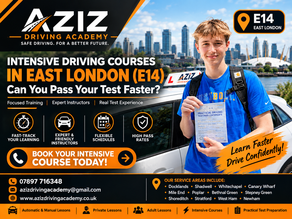 Intensive Driving Courses in East London (E14). An intensive driving course brings more focused driving practice into a shorter period. Instead of spreading lessons over many weeks or months, learners can concentrate their training over a more structured and intensive schedule.